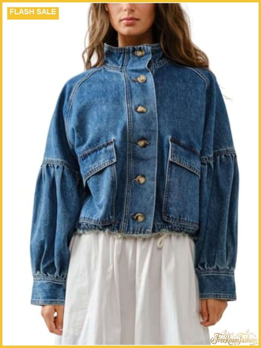 Womens Denim Bomber Jacket Drop Shoulder Balloon Sleeve Drawstring Waist Coat